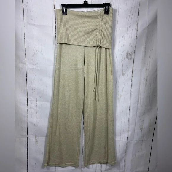 NWOT Forever 21 Avocado Green Tan Wide Leg Ruched Drawstring Fold over Pants - Picture 2 of 10
